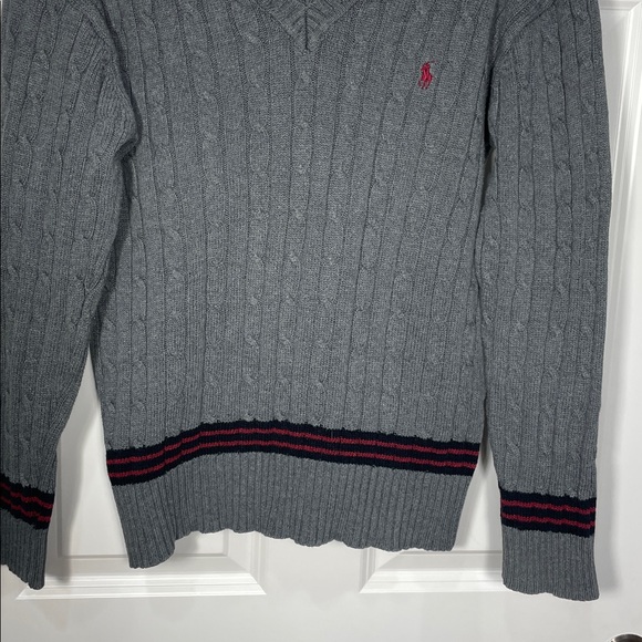 Polo Ralph Lauren Cable Knit Sweater Size Large V Neck Grey Cotton - Picture 4 of 15